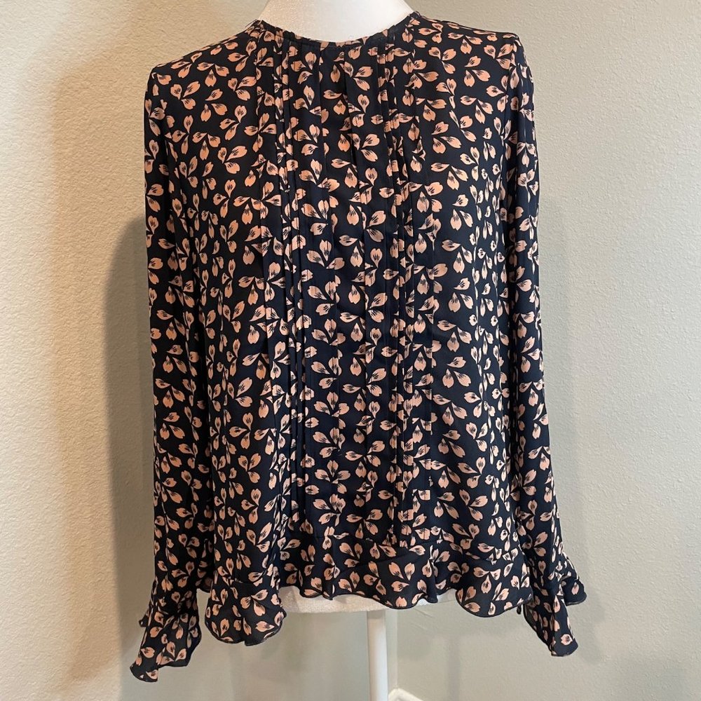 Premise Studio Navy Floral Ruffle Sleeve & Hem Blouse